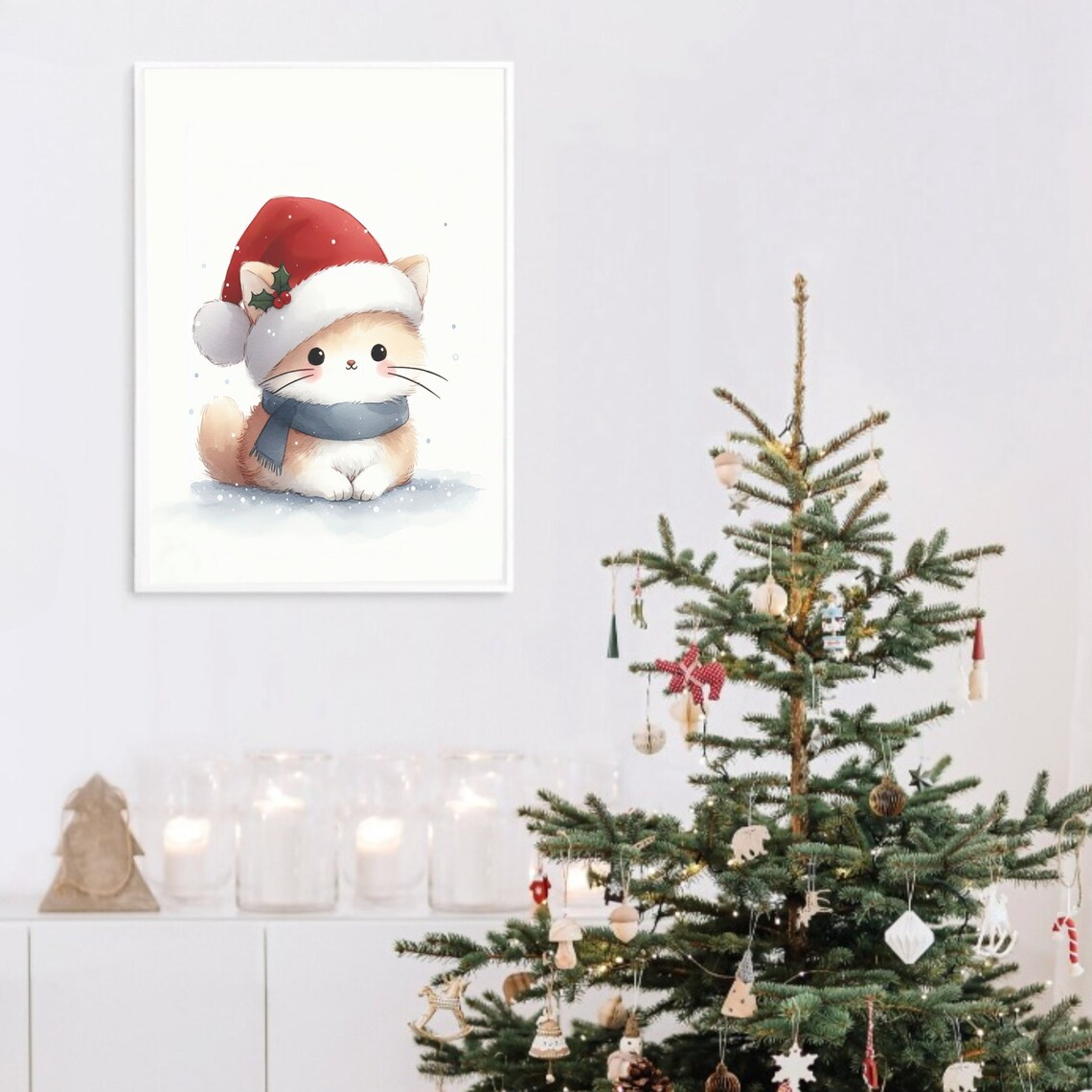 Kitten In Santa Hat And Scarf Snowy Christmas Holiday Poster - Image 2
