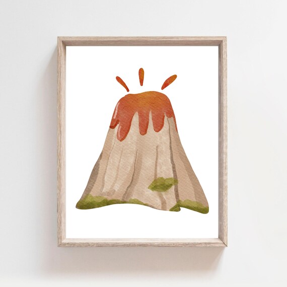 Cute Erupting Volcano Watercolor Dinosaur Era Kids Room Decor Poster