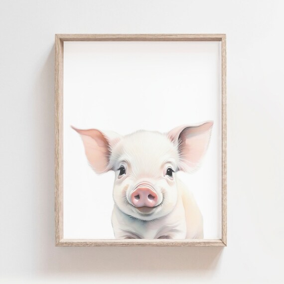 Sweet Pink Baby Pig Face Watercolor Farm Animal Nursery Poster