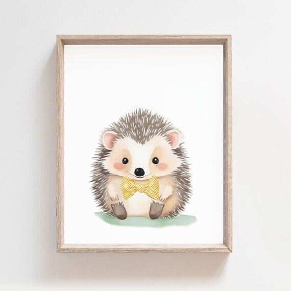 Cute Baby Hedgehog Yellow Bow Tie Watercolor Nursery Art Poster