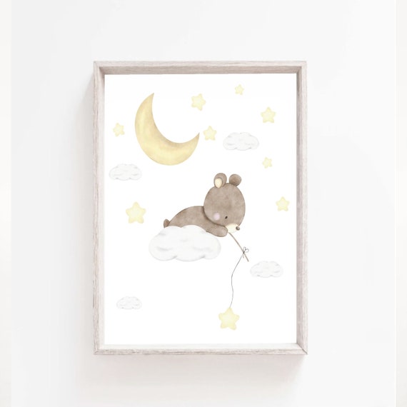 Baby Bear Nursery Print Woodland Nursery Decor Watercolor Bear Moon And Stars Poster Wall Art Kids Room Decor Neutral Decor