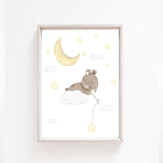 Sleepy Bear Cub Moon Stars Watercolor Dreamy Nursery Kids Poster