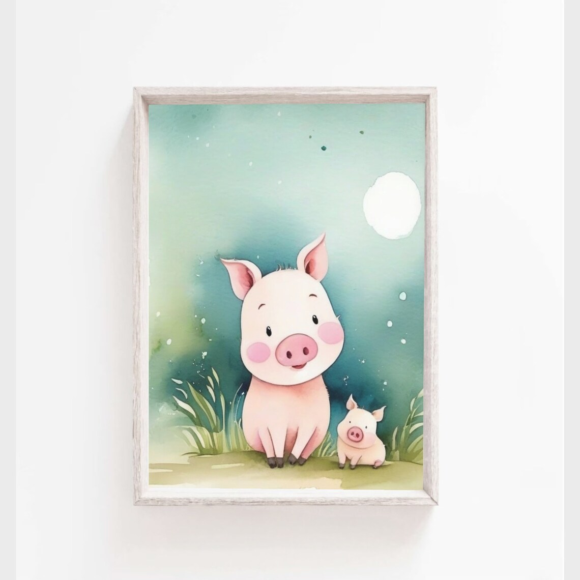 Mama Pig and Piglet Moonlight Watercolor Farm Nursery Wall Poster