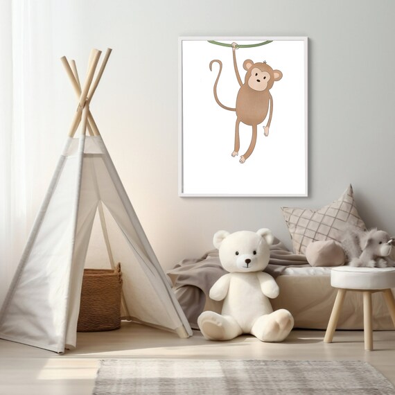 Monkey Hanging from Vine Minimalist Safari Nursery Kids Decor Poster