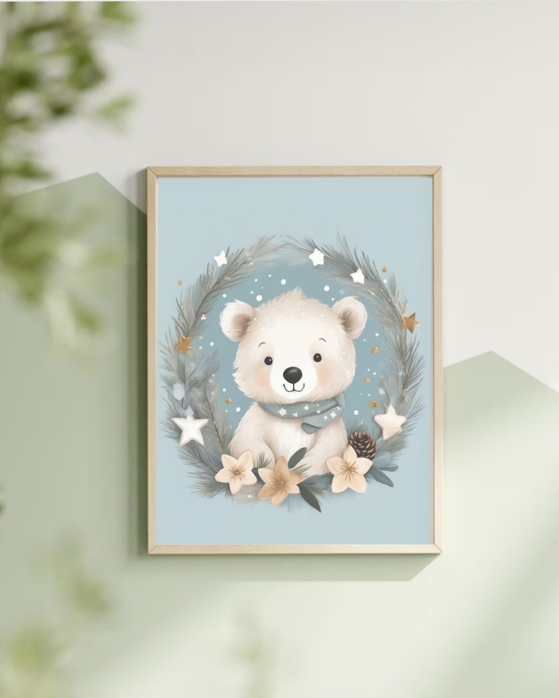 Baby Polar Bear in Christmas Wreath Watercolor Holiday Wall Poster - Image 2