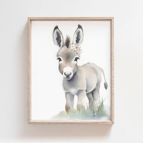 Sweet Baby Donkey Flower Crown Watercolor Farm Nursery Poster