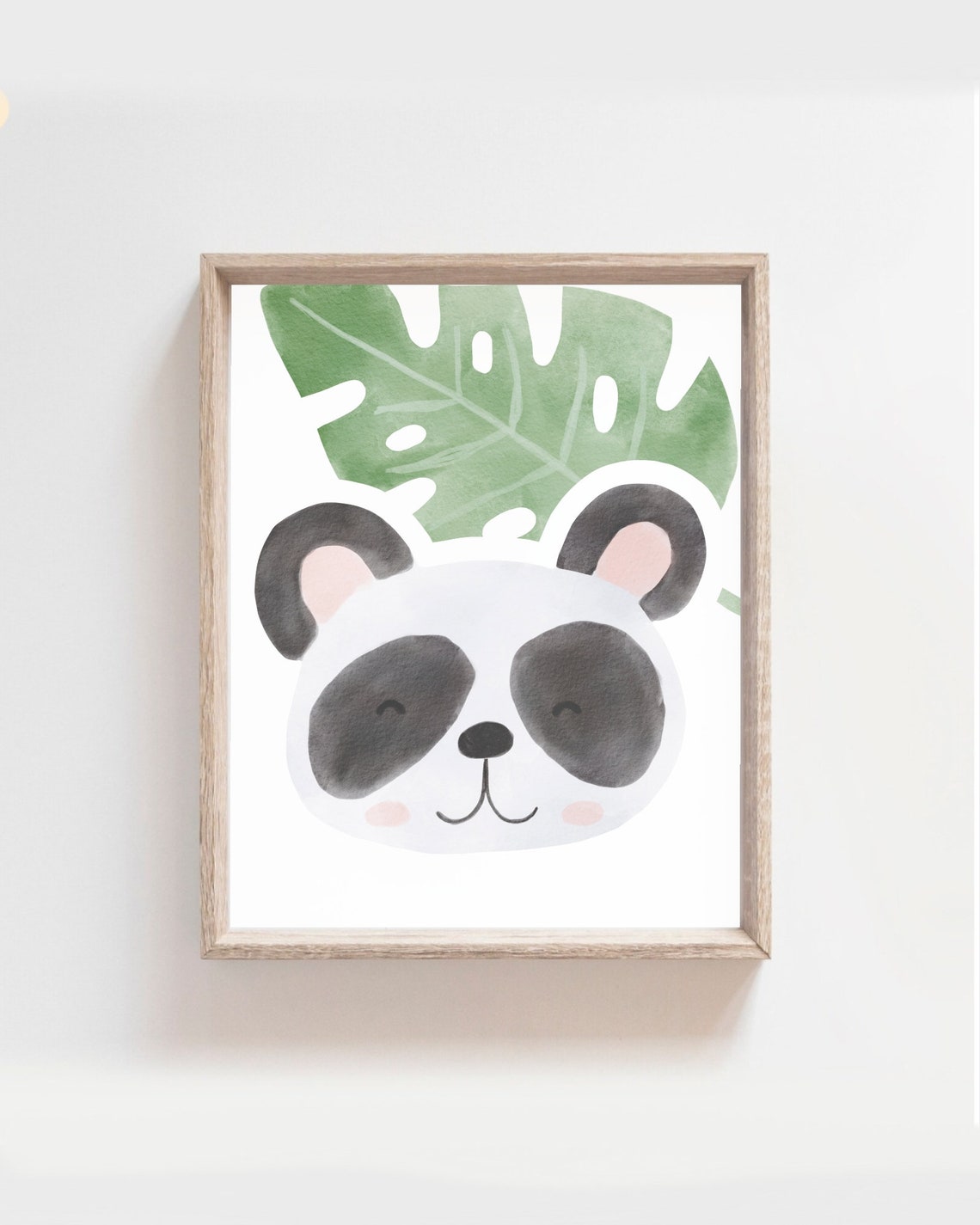 Cute Panda Face Monstera Leaf Minimalist Nursery Room Art Poster