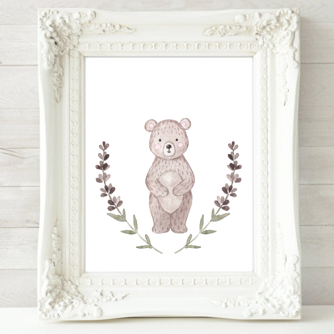 Tiny Standing Bear Botanical Sprigs Watercolor Nursery Poster - Image 2