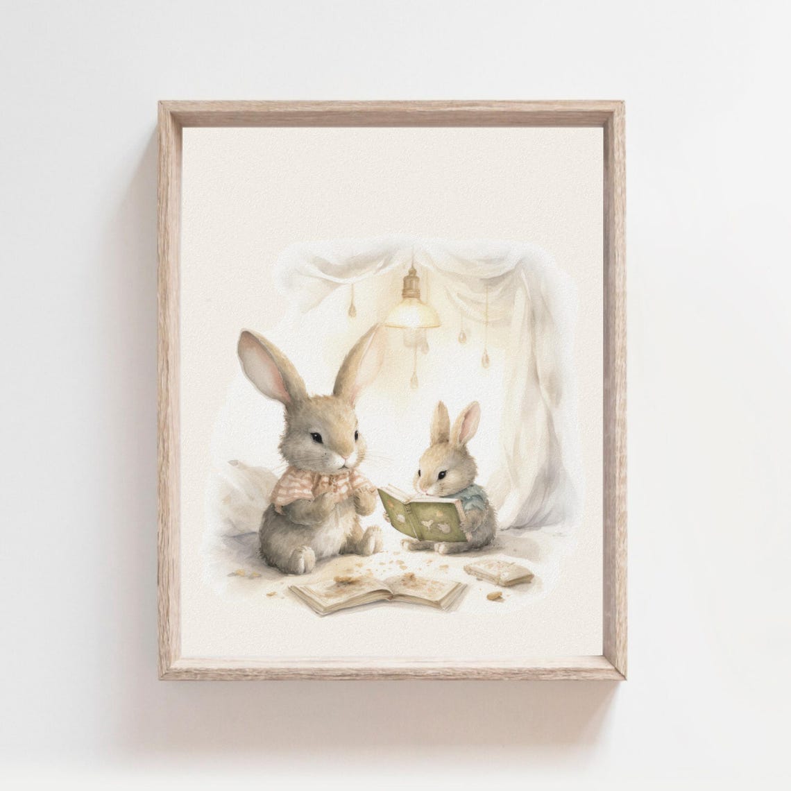 Two Bunnies Reading Books Together Under Warm Lamp Light Poster