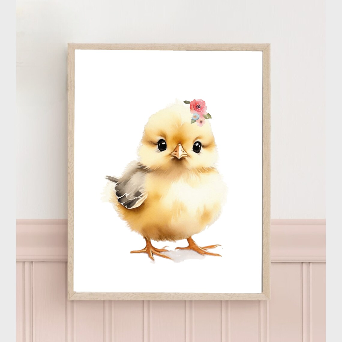 Sweet Baby Chick Pink Flower Watercolor Nursery Room Art Poster - Image 2