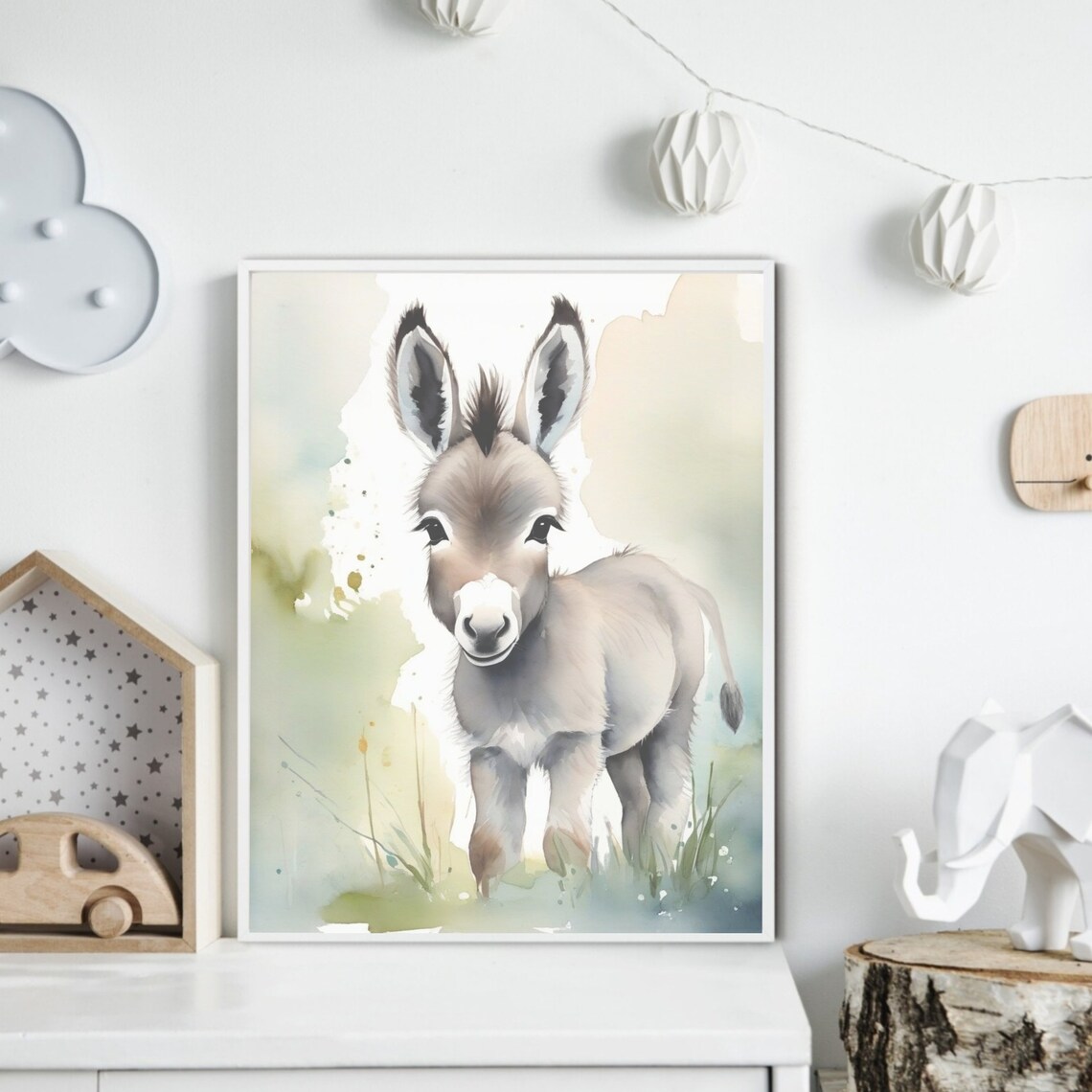 Sweet Baby Gray Donkey Watercolor Meadow Farm Nursery Poster - Image 2