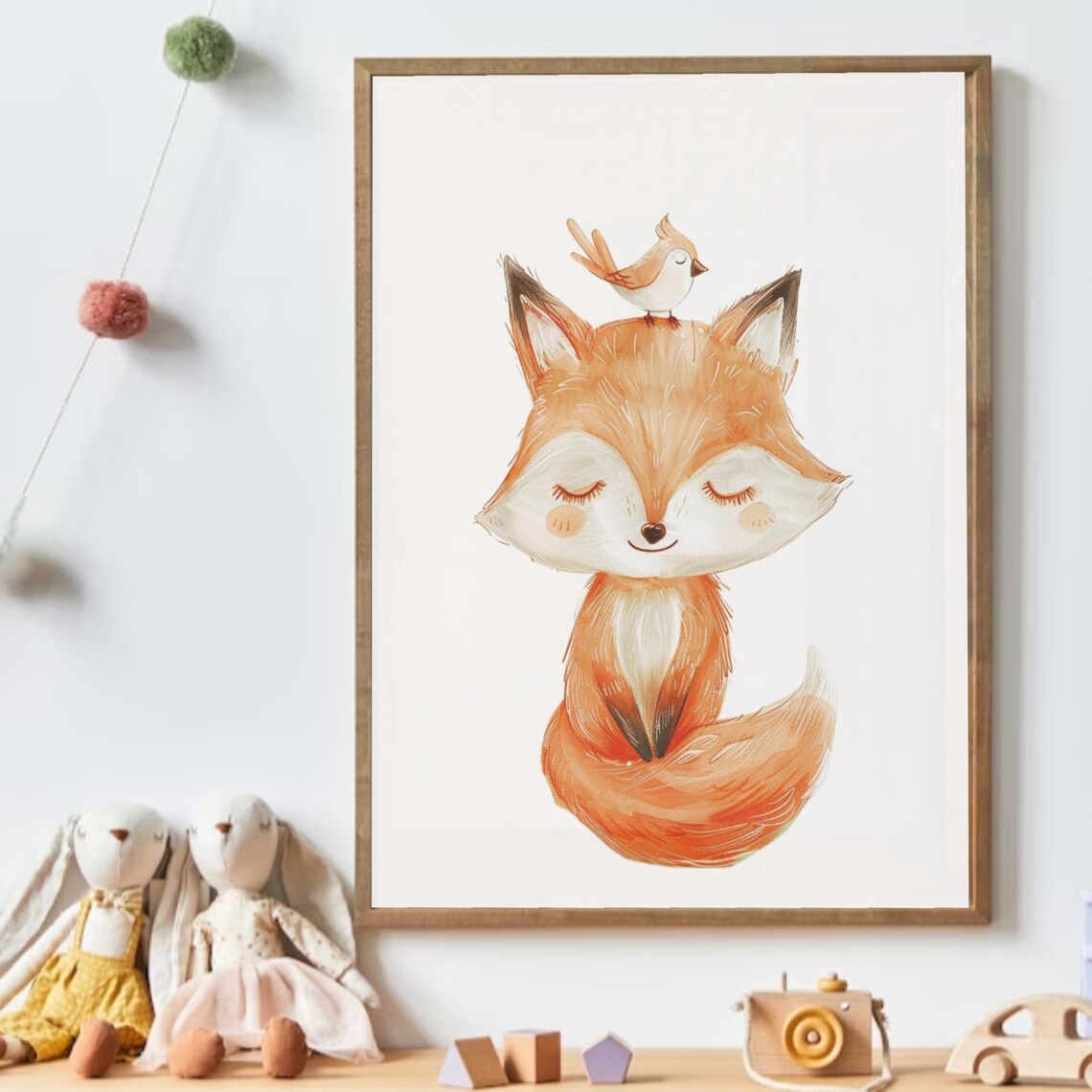 Sleeping Orange Fox Bird Watercolor Woodland Nursery Kids Poster - Image 2