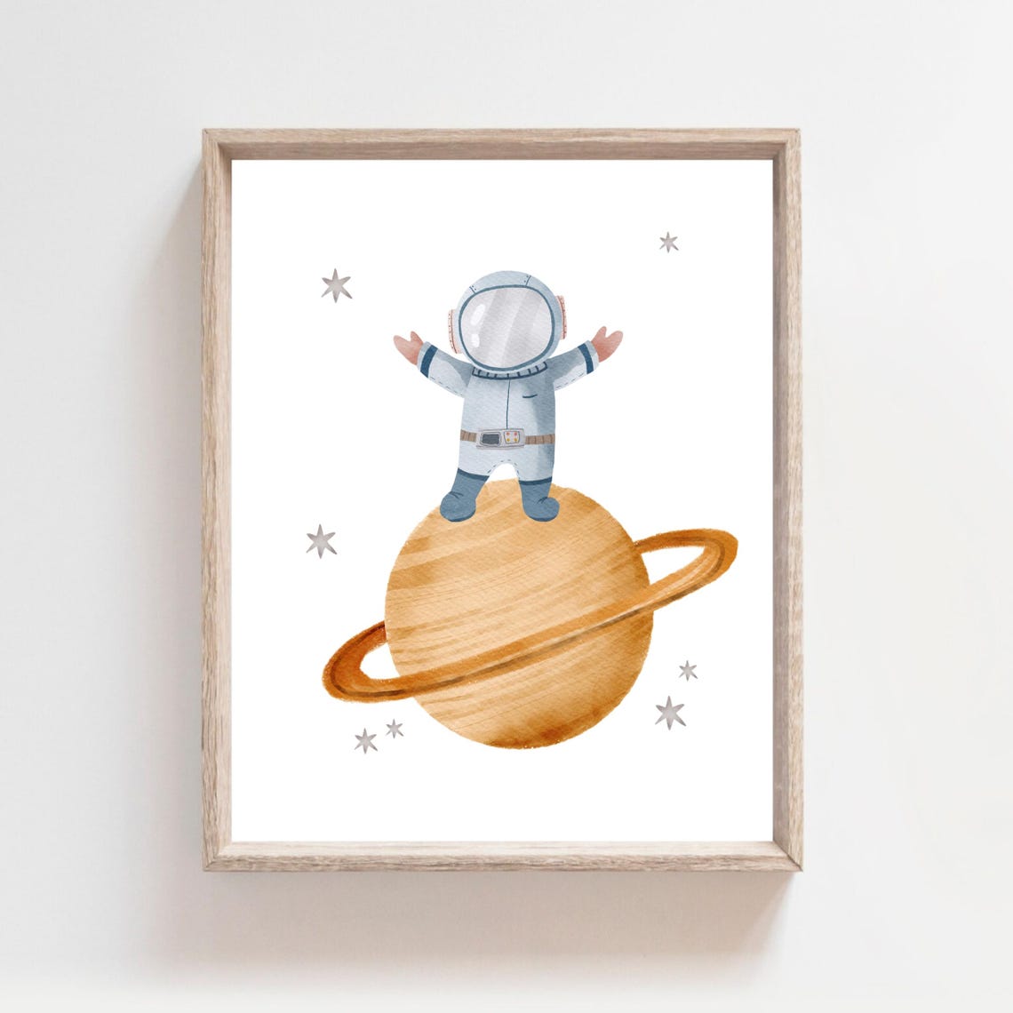 Astronaut Standing on Saturn Arms Wide Watercolor Space Nursery Poster