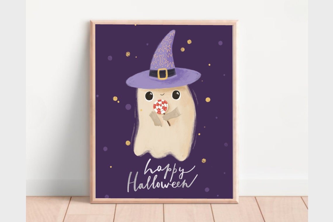 Happy Halloween Ghost Witch Hat Lollipop Cute Kids Party Poster - Image 2