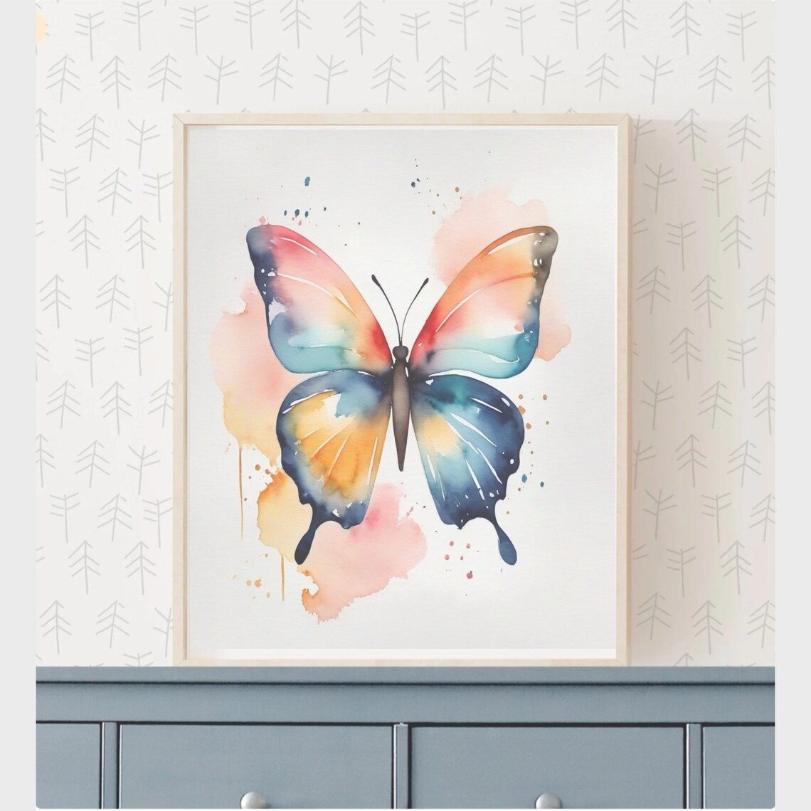 Colorful Butterfly Watercolor Orange Blue Wings Floral Art Poster - Image 2