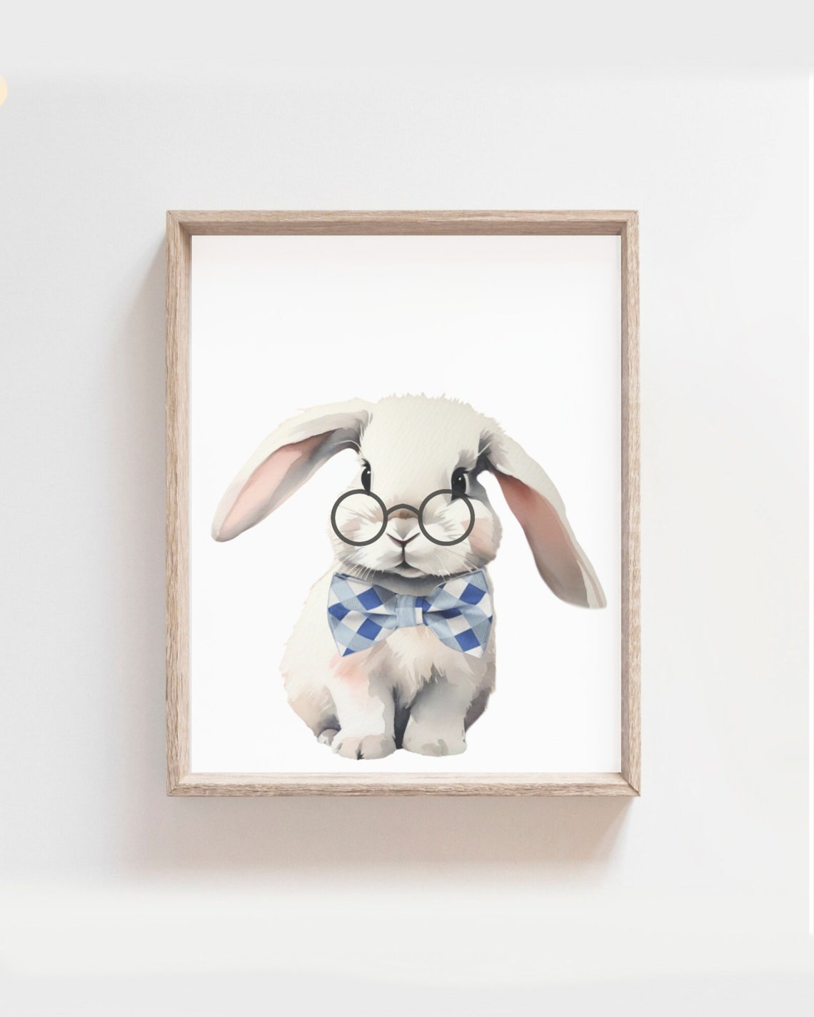 Cute Lop Bunny Glasses Blue Gingham Bow Tie Watercolor Nursery Poster