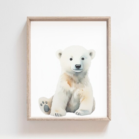 Sweet Baby Polar Bear Cub Sitting Watercolor Arctic Nursery Poster