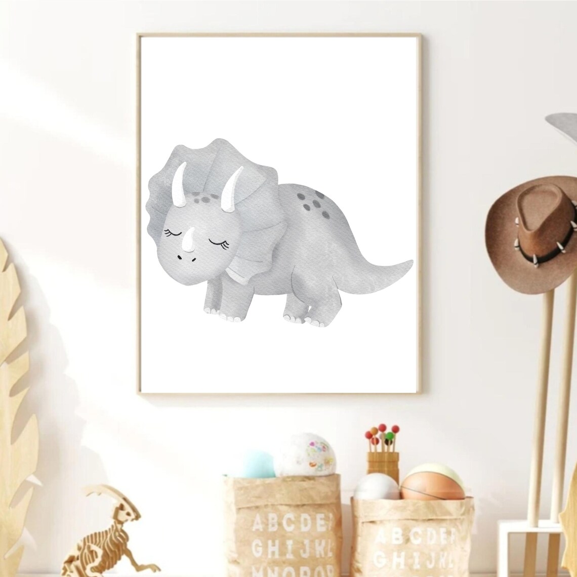 Cute Grey Triceratops Watercolor Dinosaur Nursery Wall Decor Poster - Image 2