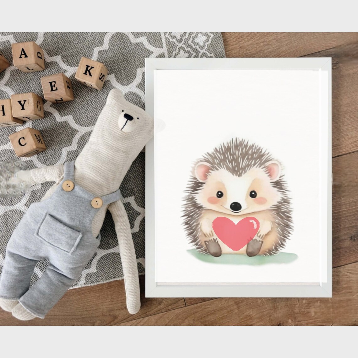 Sweet Hedgehog Holding Pink Heart Watercolor Nursery Kids Poster - Image 2