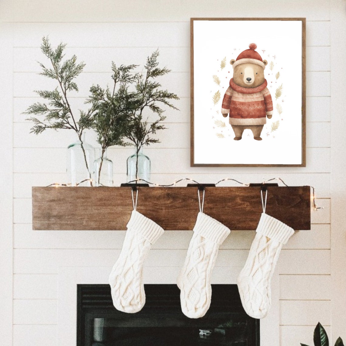 Brown Bear In Cozy Knit Sweater And Red Pompom Beanie Winter Poster - Image 2