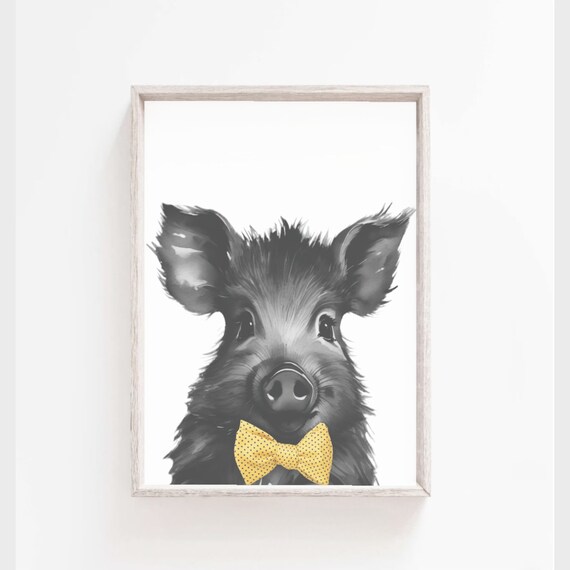 Cute Baby Wild Boar Pig Poster Bow Tie Kids Play Room Wall Decor Baby Boy Nursery Watercolor Animals Black And White