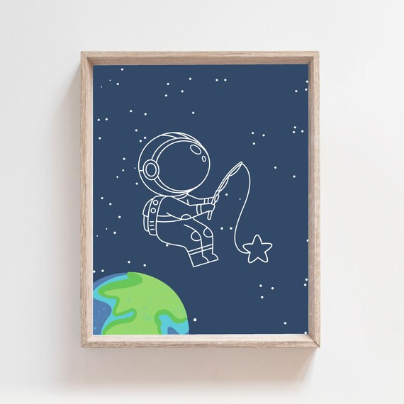 Little Astronaut Catching Star Navy Space Nursery Art Poster