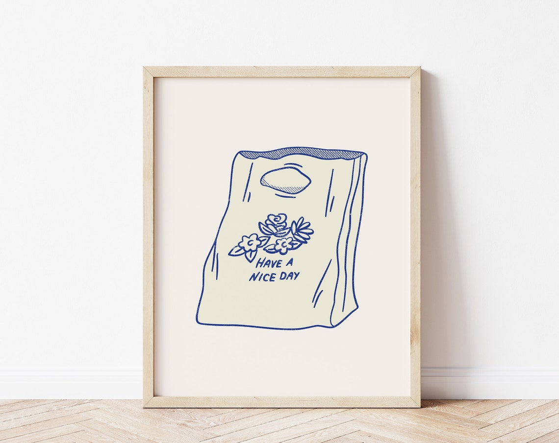 Have A Nice Day Flower Shopping Bag Retro Line Art Wall Print