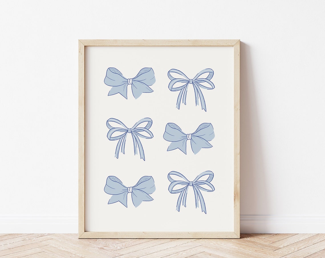 Six Cute Blue Bows Coquette Balletcore Girly Dorm Room Wall Art