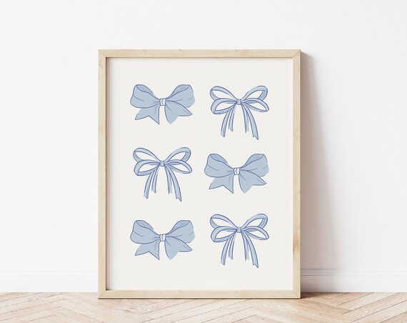 Six Cute Blue Bows Coquette Balletcore Girly Dorm Room Wall Art