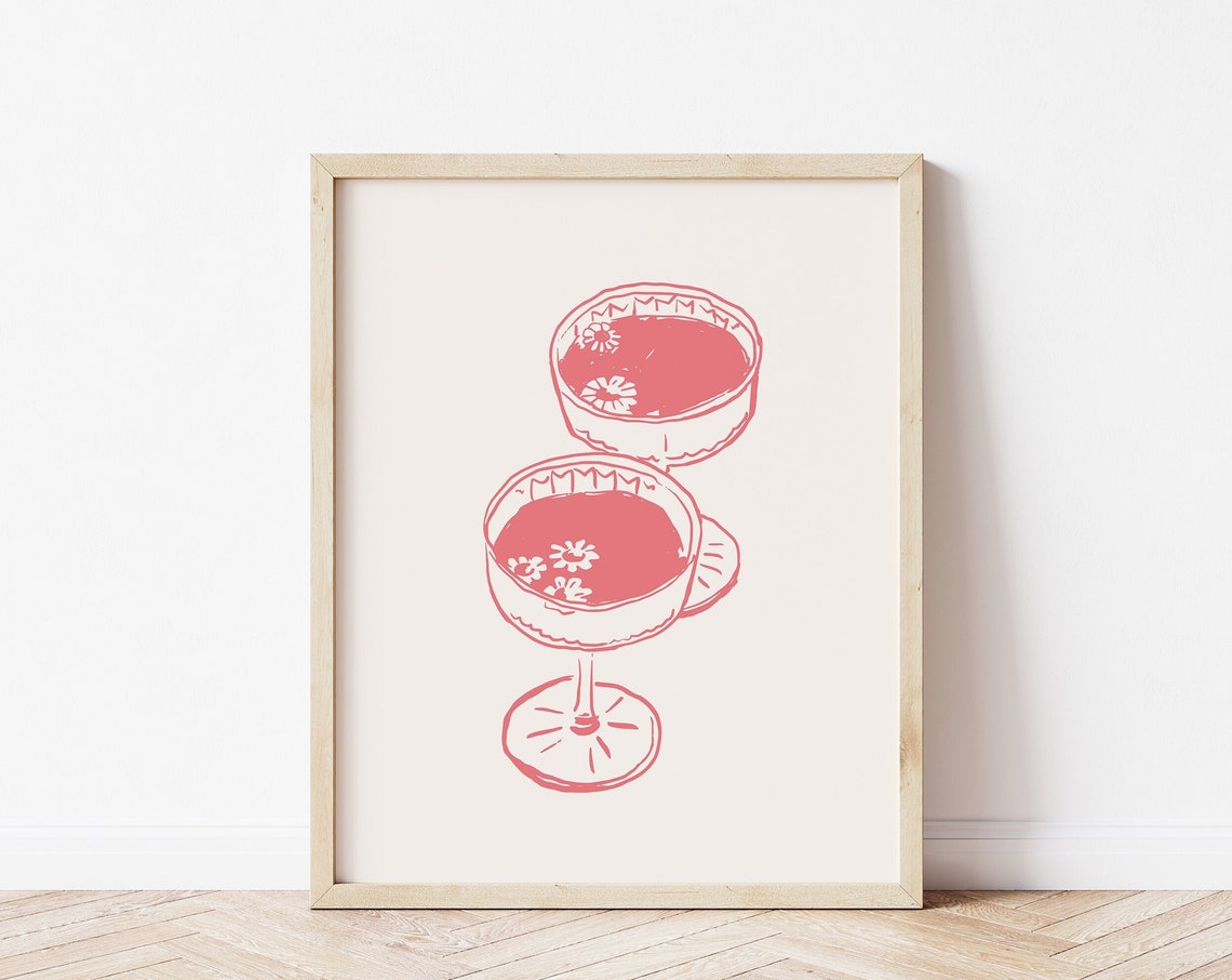 Vintage Cocktail Coupe Glasses Red Line Art Bar Cart Wall Print