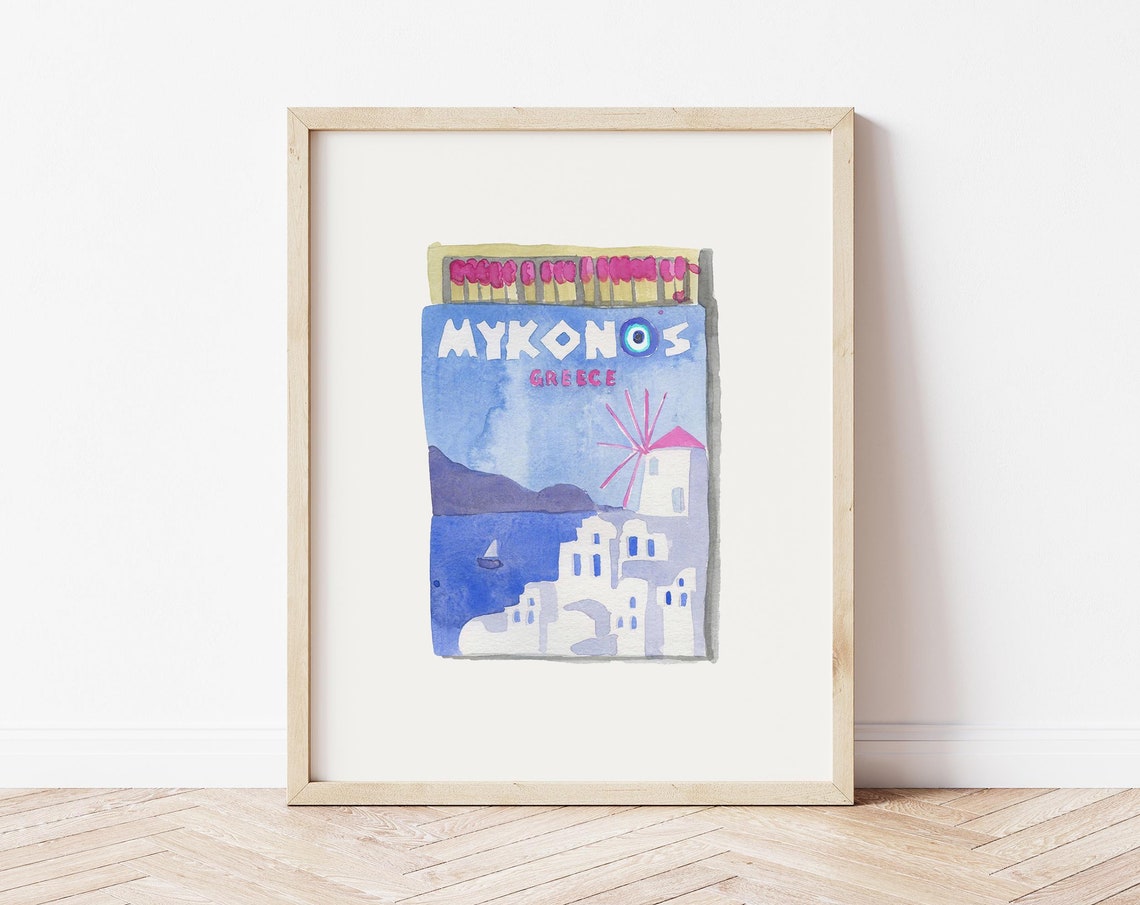 Mykonos Greece Watercolor Matchbox Print with Windmill Scene