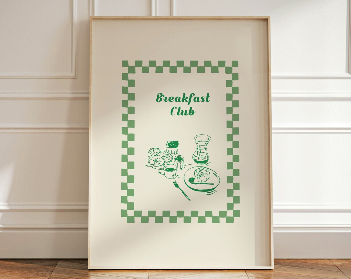 Green Hand Drawn Breakfast Club Art Breakfast Wall Art Kitchen Poster Retro Home Decor Coffee Lovers Food Art Foodie Gift - Image 2