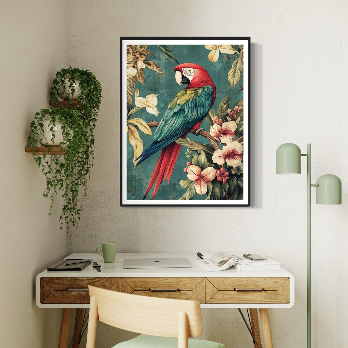 Scarlet Macaw Parrot Tropical Hibiscus Vintage Wildlife Bird Poster - Image 3