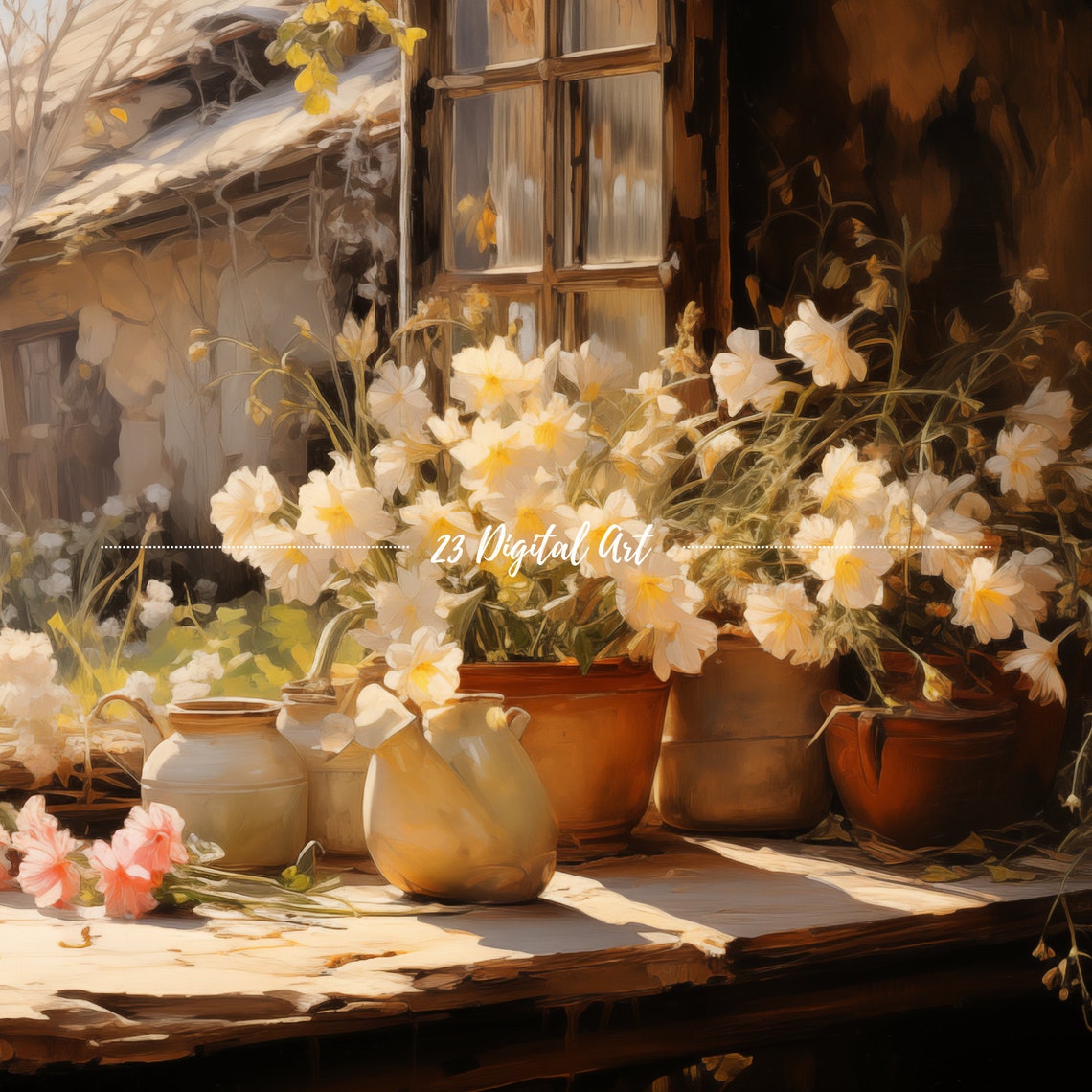Sunlit Windowsill Flower Pots Cottage Floral Still Life Art Poster - Image 3