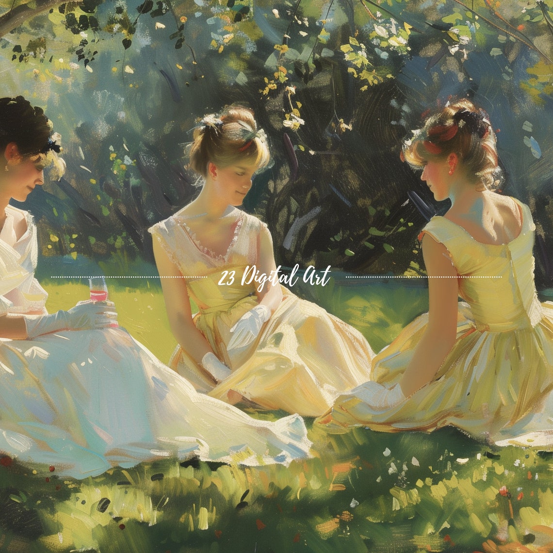 Frame Tv Art Summer Landscape Oil Painting Ladies Sitting In The Park Classic Neutral Country Earthy Green Garden Painting Tv Art 125 - Image 6