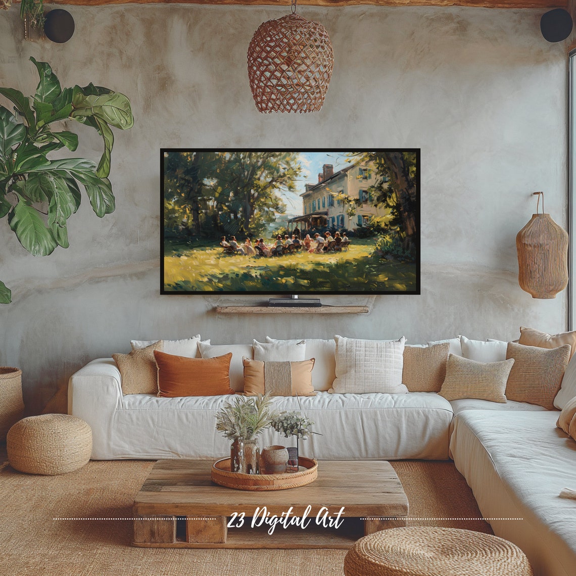 Frame Tv Art Summer Landscape Oil Painting Family Gathering In The Backyard Classic Neutral Country Earthy Green Garden Tv Art 127 - Image 4