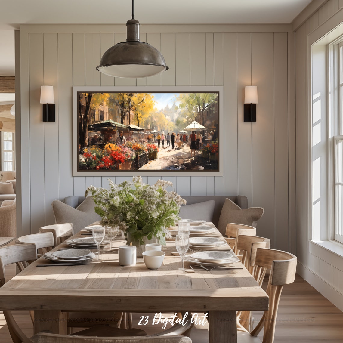 Frame Tv Art Rustic Oil Painting Of People Walking Under The Sunshine In The Market Beautiful Frame Tv Art Classic Summer Tv Art 084 - Image 2