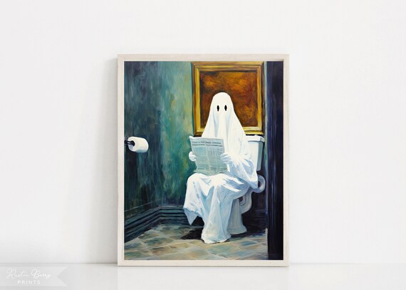 Funny Ghost Reading Newspaper On Toilet Vintage Oil Painting Spooky Bathroom Poster