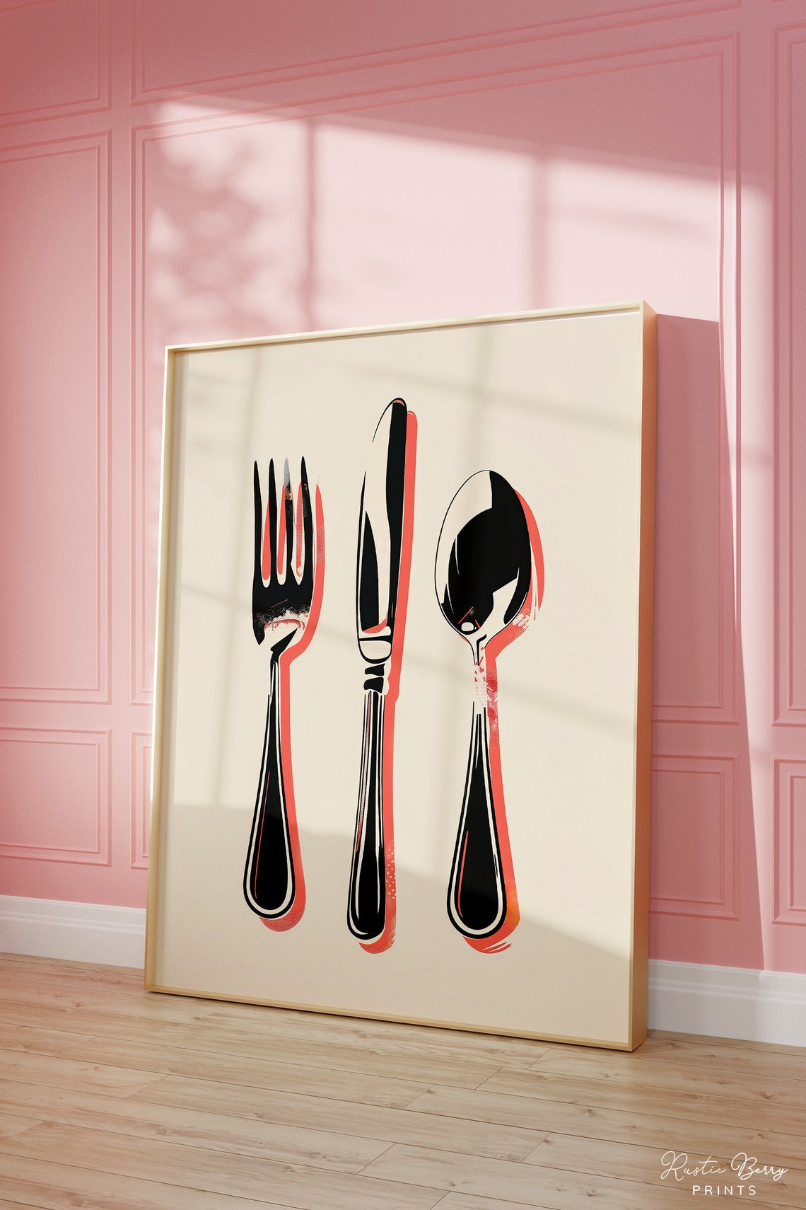 Black Fork Knife Spoon Retro Red Shadow Minimalist Kitchen Poster