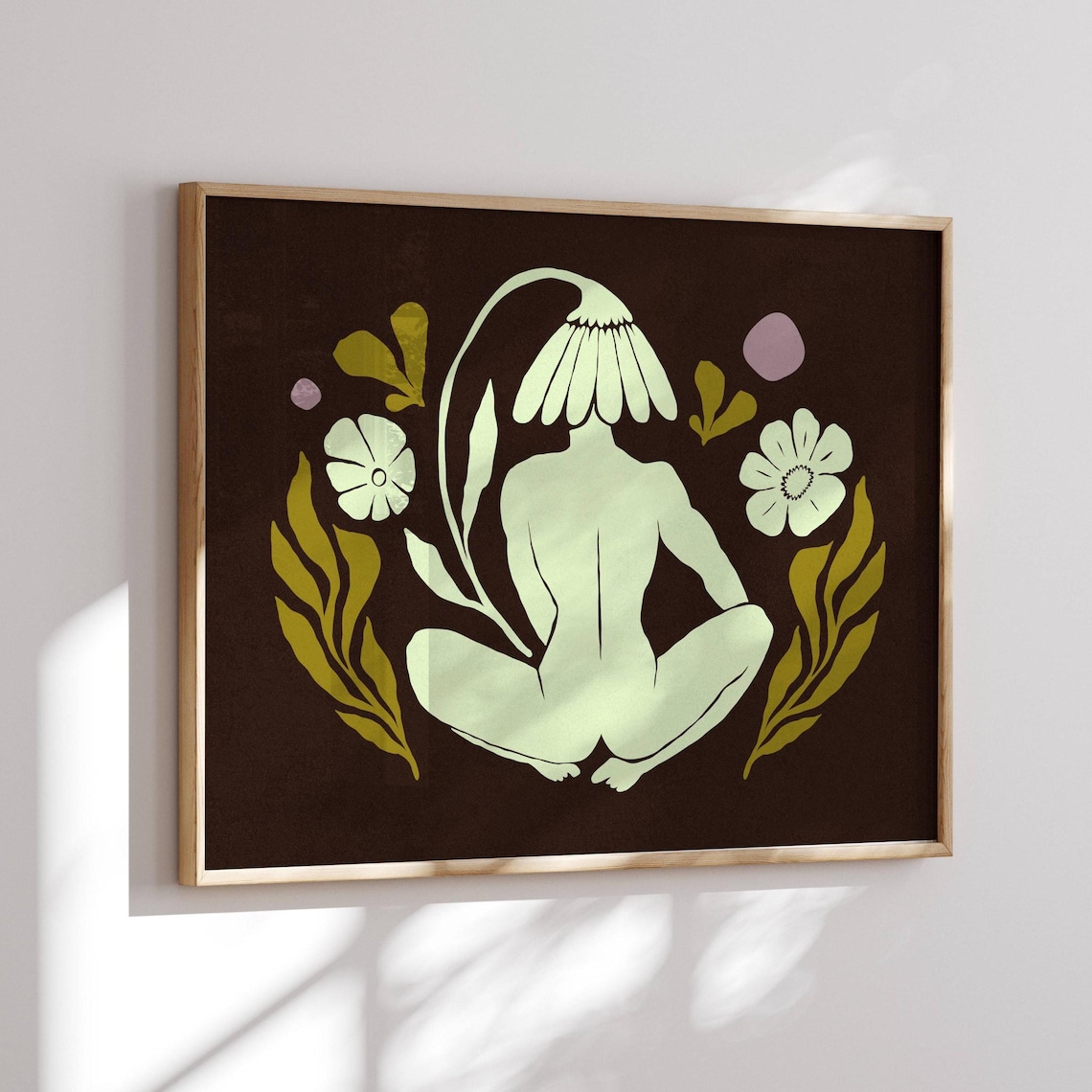 Daisy Head Woman Poster Meditating Figure Floral Whimsical Brown Artwork