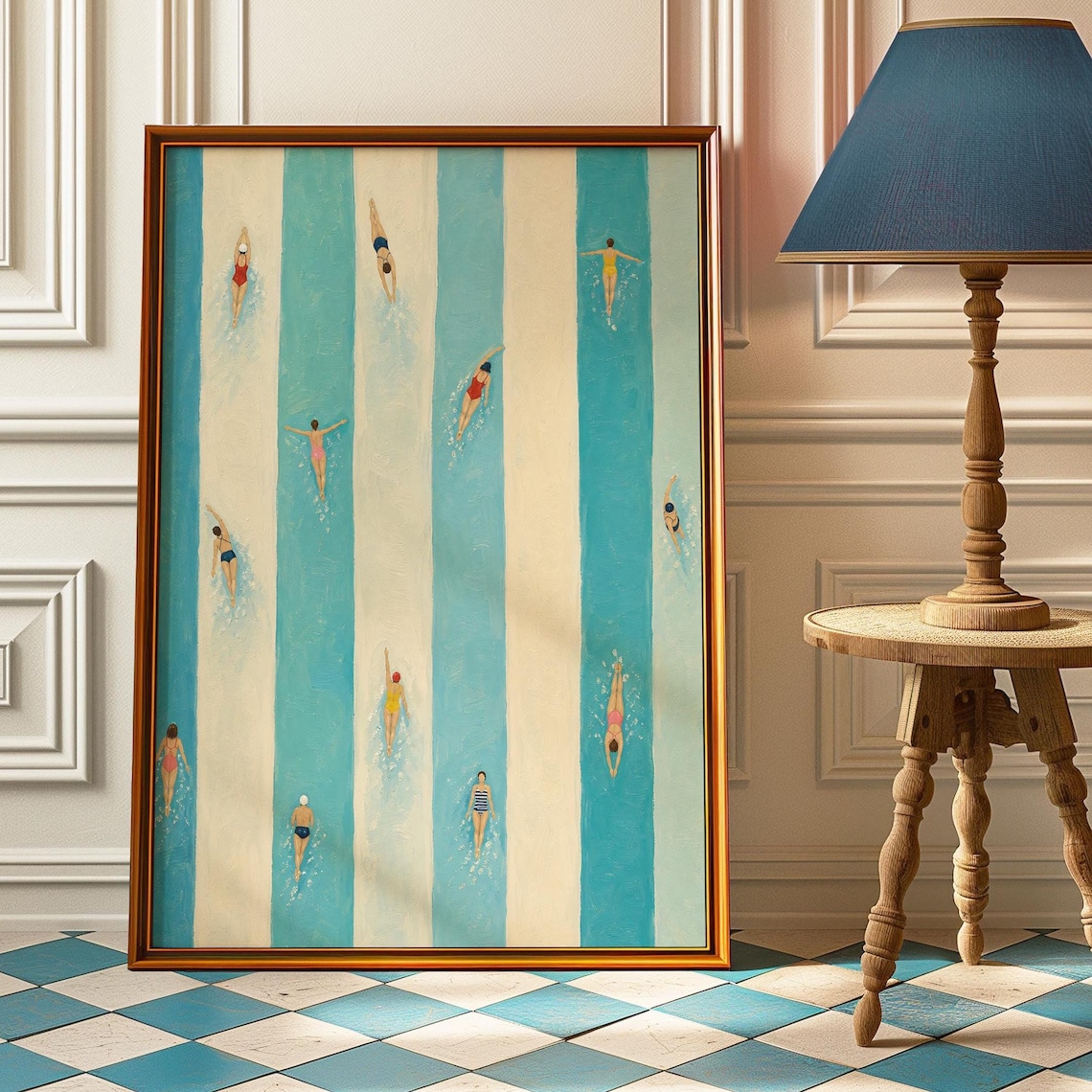 Tiny Swimmers Pool Poster, Retro Coastal Summer Print