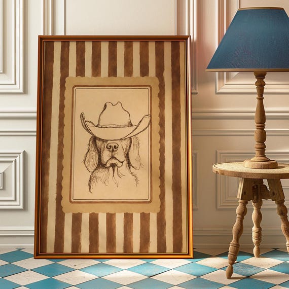 Cowboy Dog Poster Striped Western Farmhouse Decor Nursery Wall Art