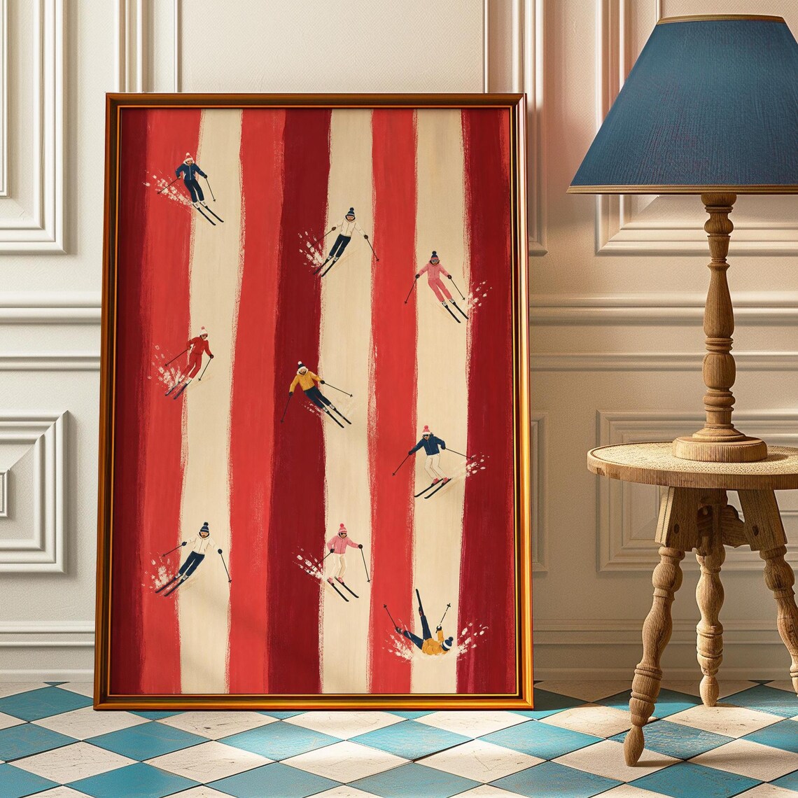 Red Striped Retro Skiers Alpine Apres Ski Winter Sports Poster