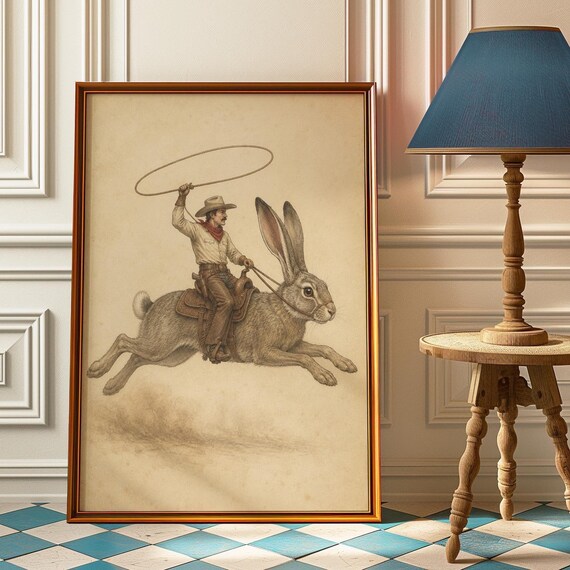Cowboy Riding Giant Jackrabbit Lasso Sepia Vintage Western Art Poster