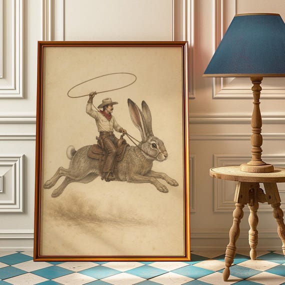 Cowboy Riding Giraffe Poster Lasso Print Vintage Western Art Safari Nursery Wall Rustic Room Decor