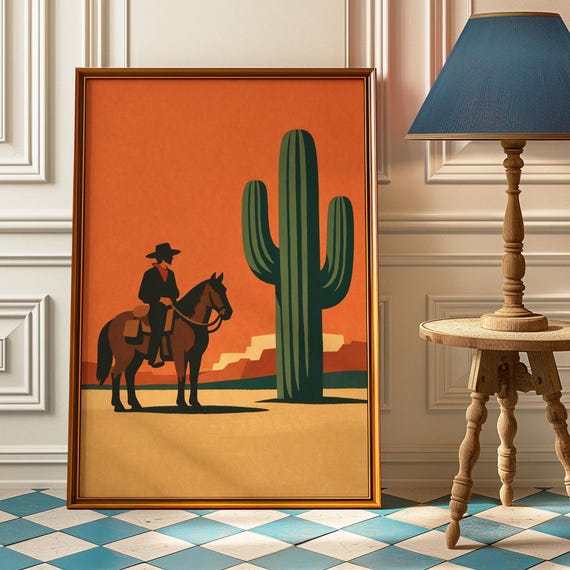 Western Cowboy Silhouette Poster Vintage Desert Cactus Minimalist Art Print Retro Southwestern Wall Modern Rustic Home Decor