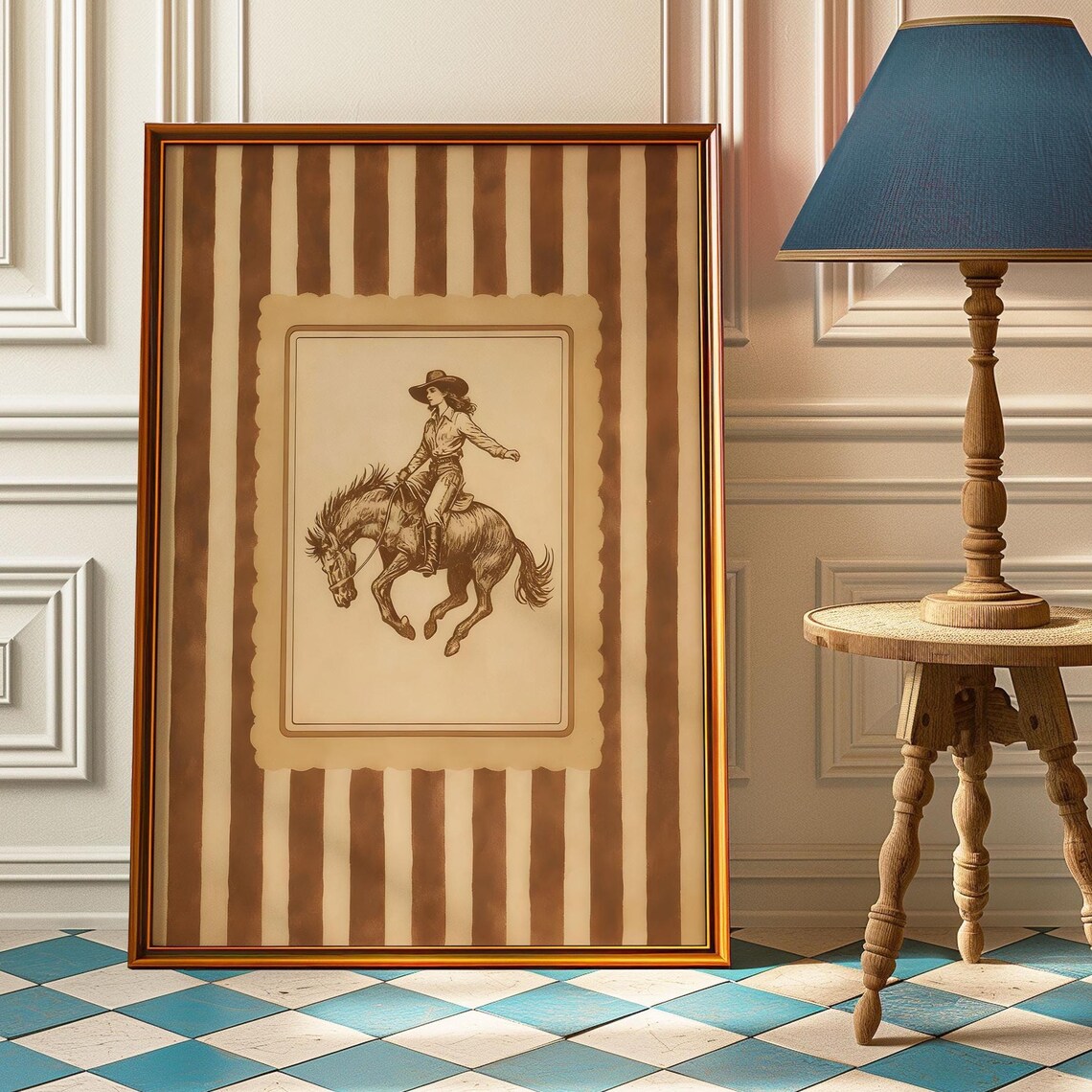 Vintage Western Cowgirl Poster, Rustic Rodeo Print