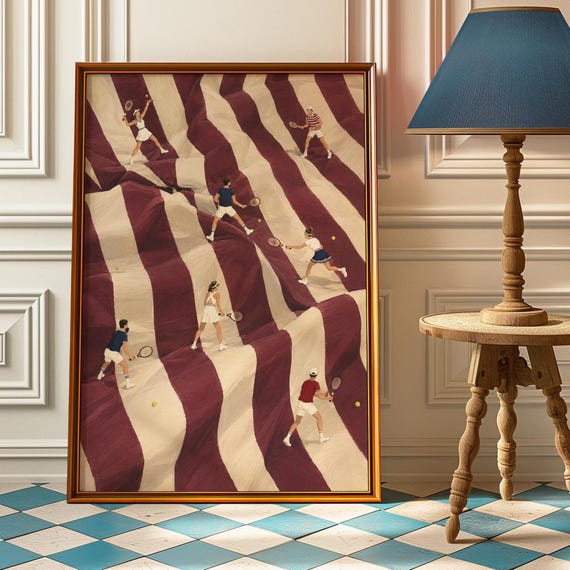 Tiny Tennis Players Poster Burgundy Stripe Wall Art Vintage Print Preppy Sports Room Decor