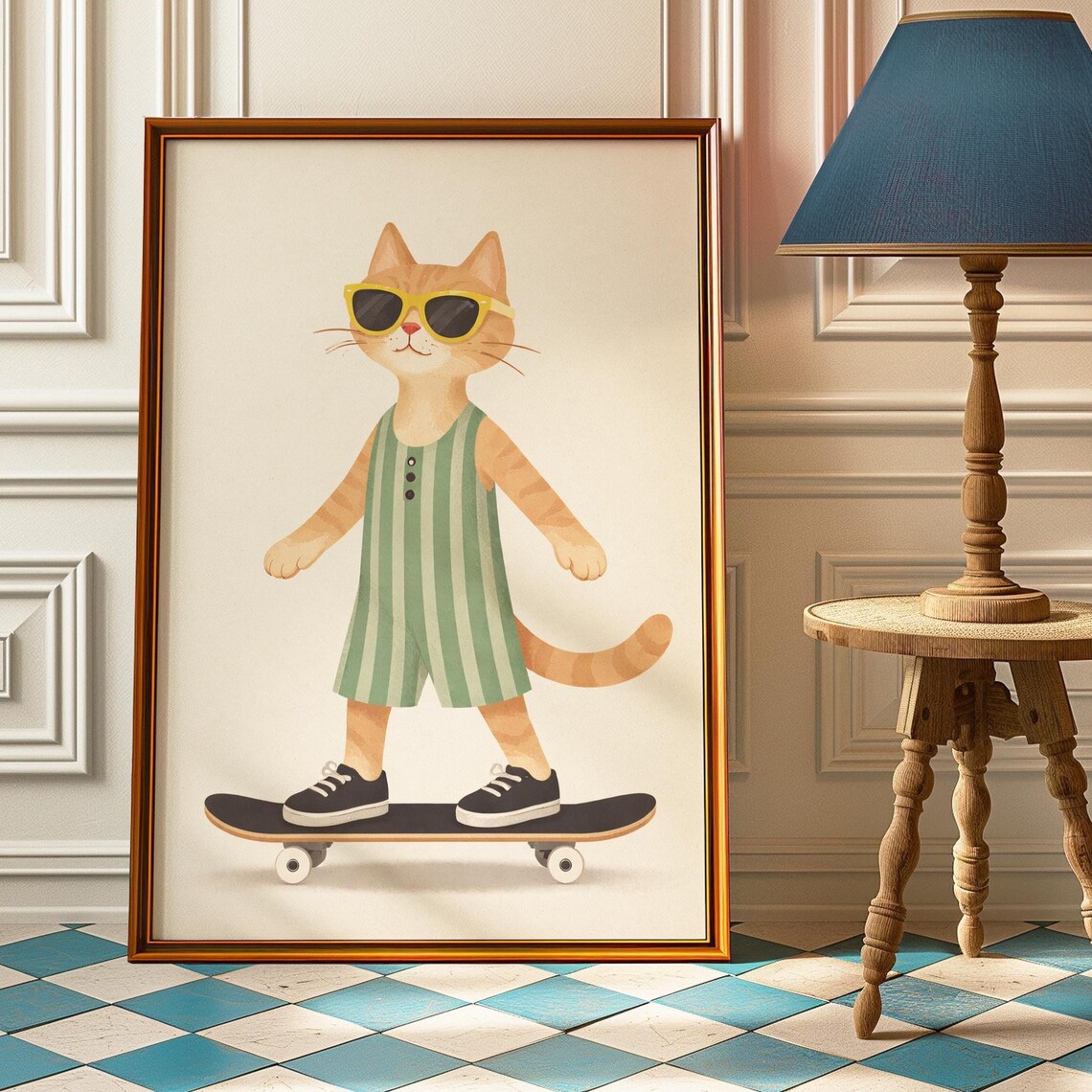 Cool Ginger Cat Yellow Sunglasses Skateboard Funny Animal Art Poster
