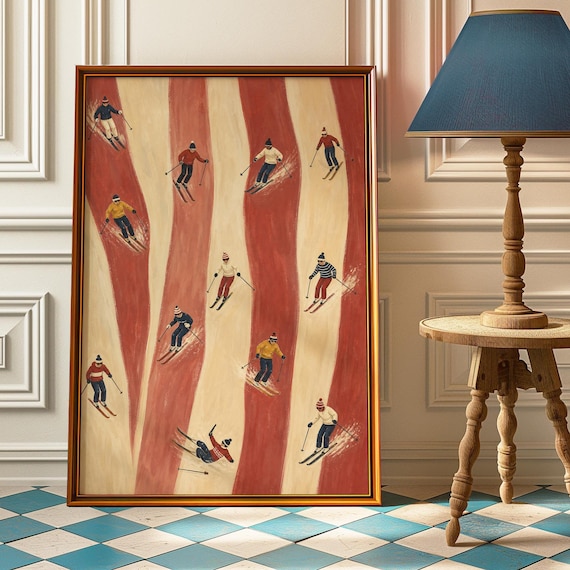 Retro Red Skiers Poster, Vintage Après Ski Print